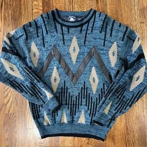 VTG 90s Atlantic Traders Knit Geometric Sweater Mens L Leather Trim Blue Tan